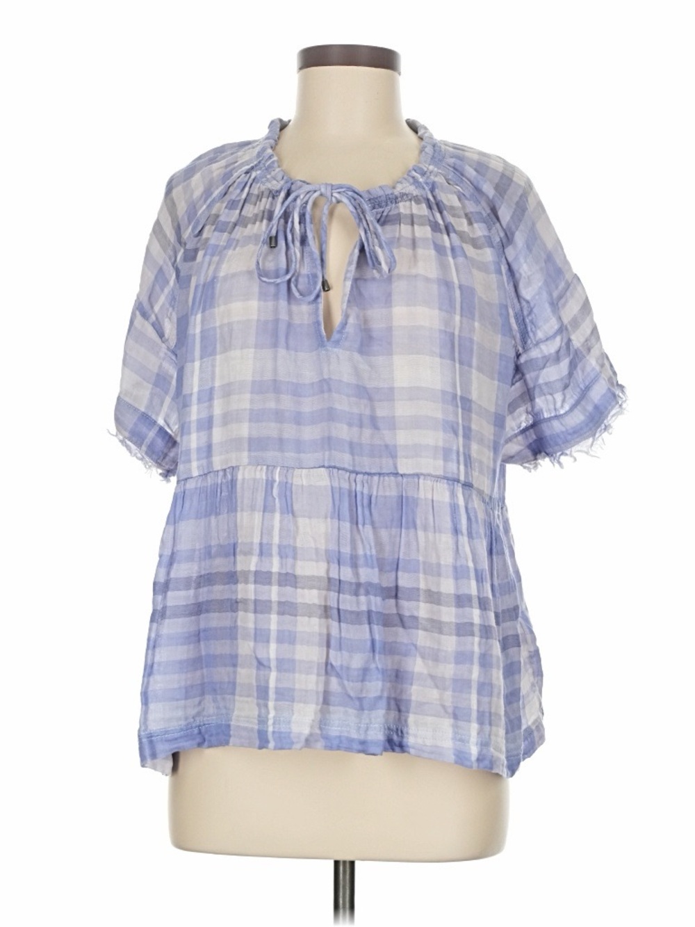 Pilcro Top | Light Blue Plaid Peasant Top with Tie Neck
